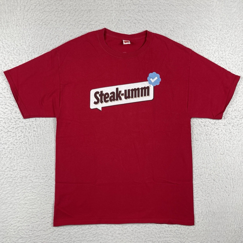 Hanes Steak-umm Shirt Mens Large Red Verified Graphic Internet Meme Short Sleeve